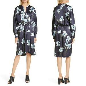 Vince Satin Blue Iris Midi Long Sleeve Floral Pleated Dress
